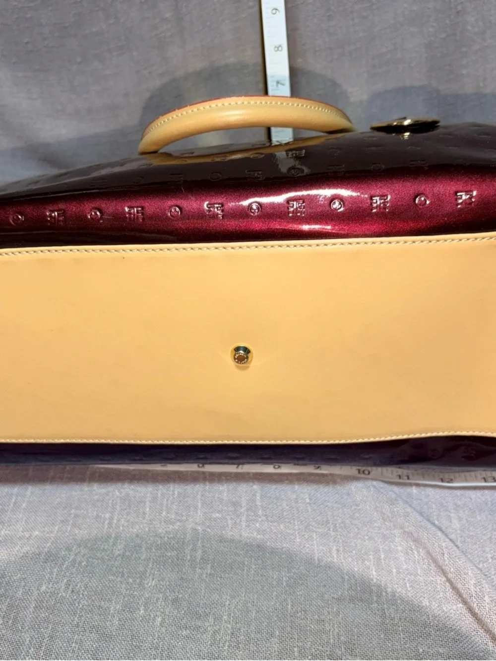 Arcadia Glossy Burgundy Patent Tote with Cream Handles